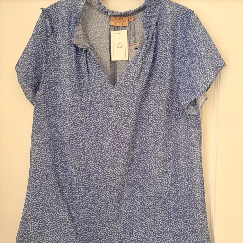 Light Blue Printed V-Neck Short Sleeve Blouse by Rungolee